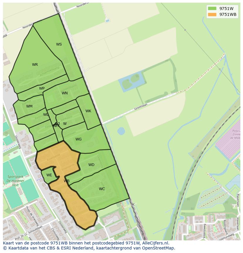 Afbeelding van het postcodegebied 9751 WB op de kaart.