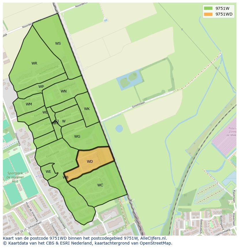 Afbeelding van het postcodegebied 9751 WD op de kaart.