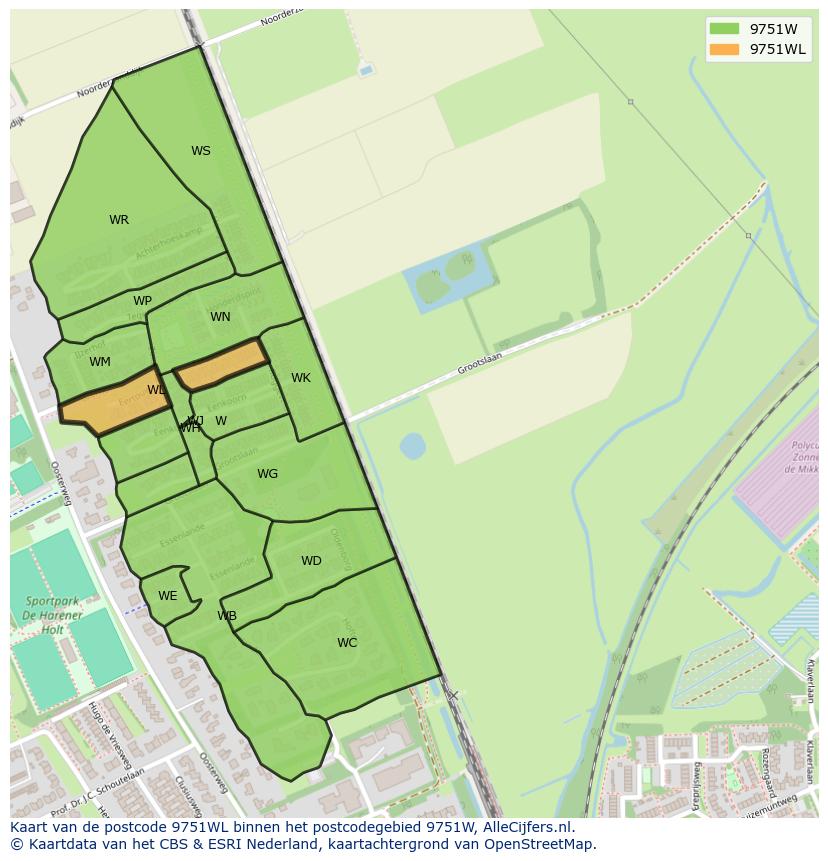 Afbeelding van het postcodegebied 9751 WL op de kaart.