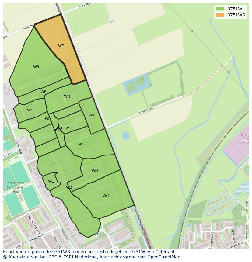 Afbeelding van het postcodegebied 9751 WS op de kaart.