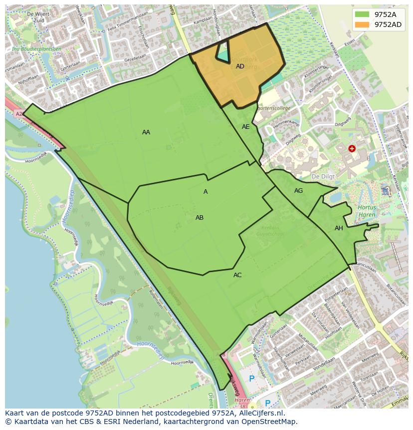 Afbeelding van het postcodegebied 9752 AD op de kaart.