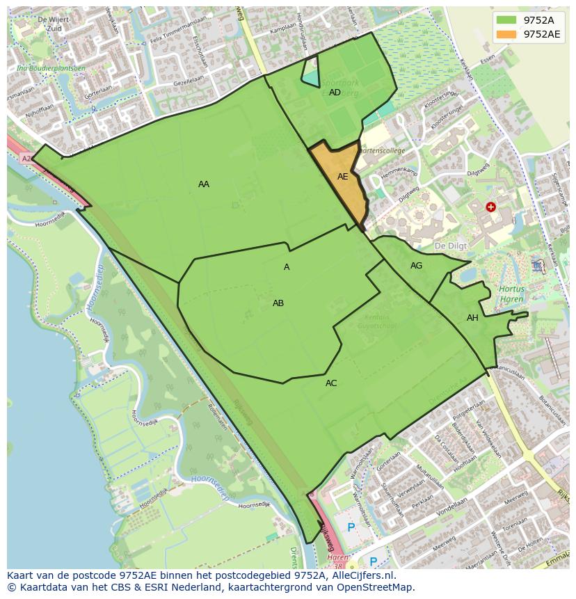 Afbeelding van het postcodegebied 9752 AE op de kaart.