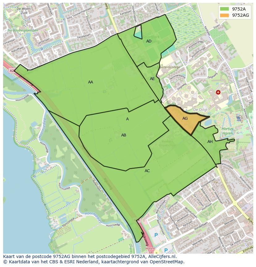 Afbeelding van het postcodegebied 9752 AG op de kaart.