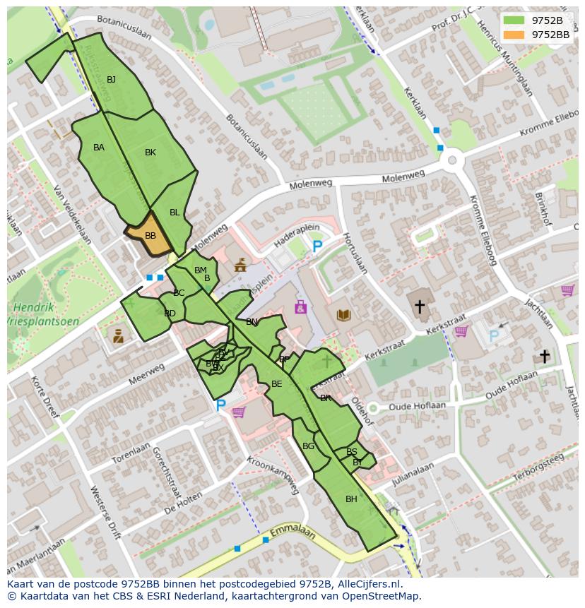 Afbeelding van het postcodegebied 9752 BB op de kaart.