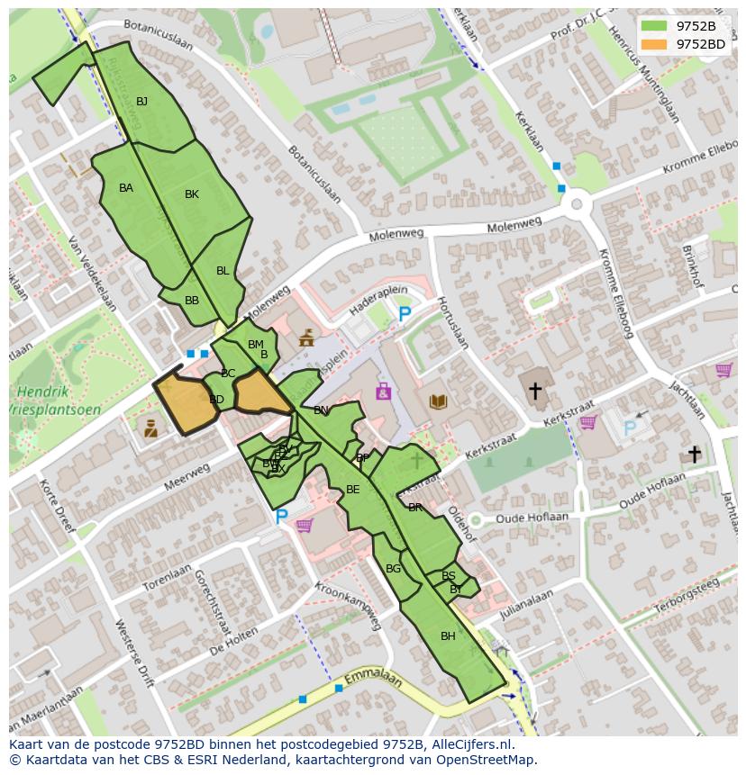 Afbeelding van het postcodegebied 9752 BD op de kaart.
