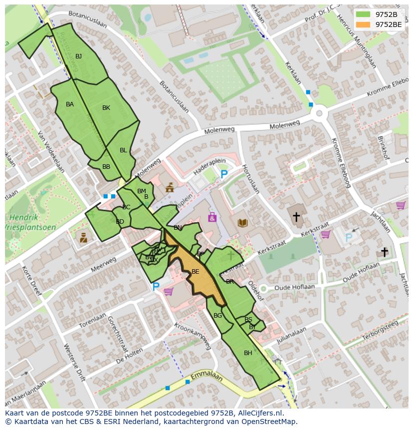 Afbeelding van het postcodegebied 9752 BE op de kaart.