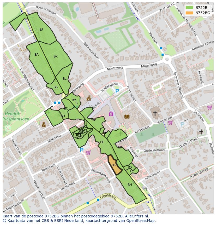 Afbeelding van het postcodegebied 9752 BG op de kaart.