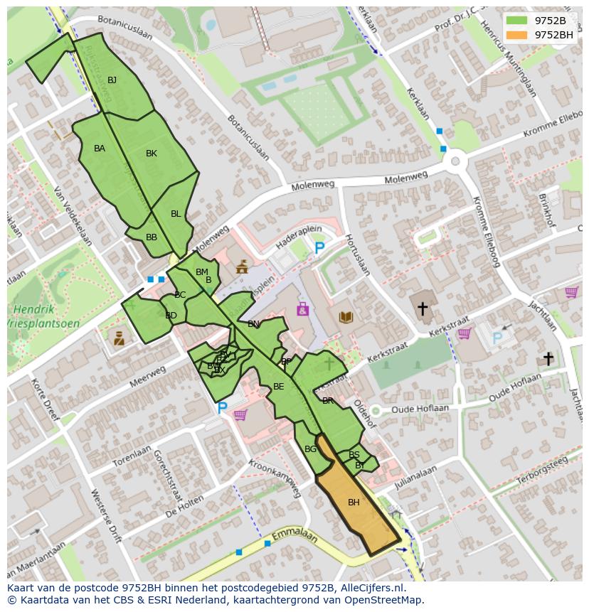 Afbeelding van het postcodegebied 9752 BH op de kaart.
