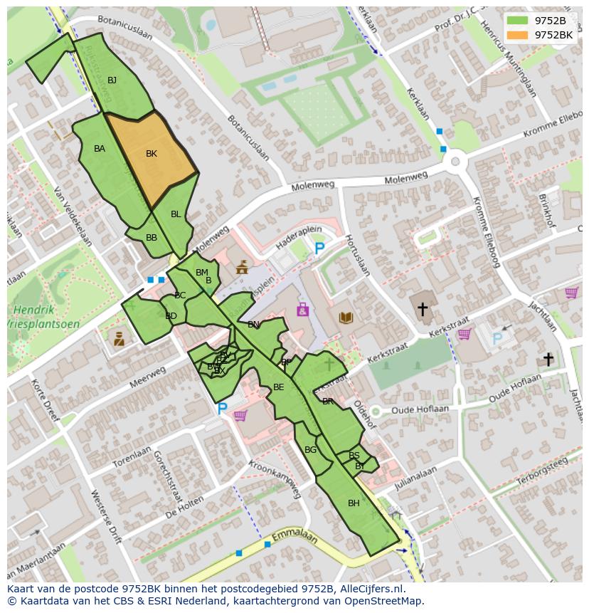 Afbeelding van het postcodegebied 9752 BK op de kaart.