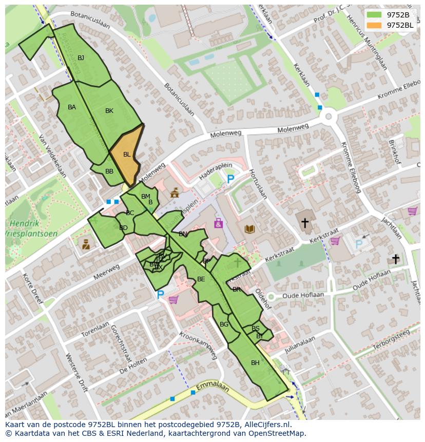 Afbeelding van het postcodegebied 9752 BL op de kaart.