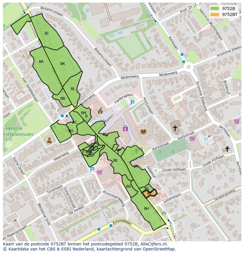 Afbeelding van het postcodegebied 9752 BT op de kaart.