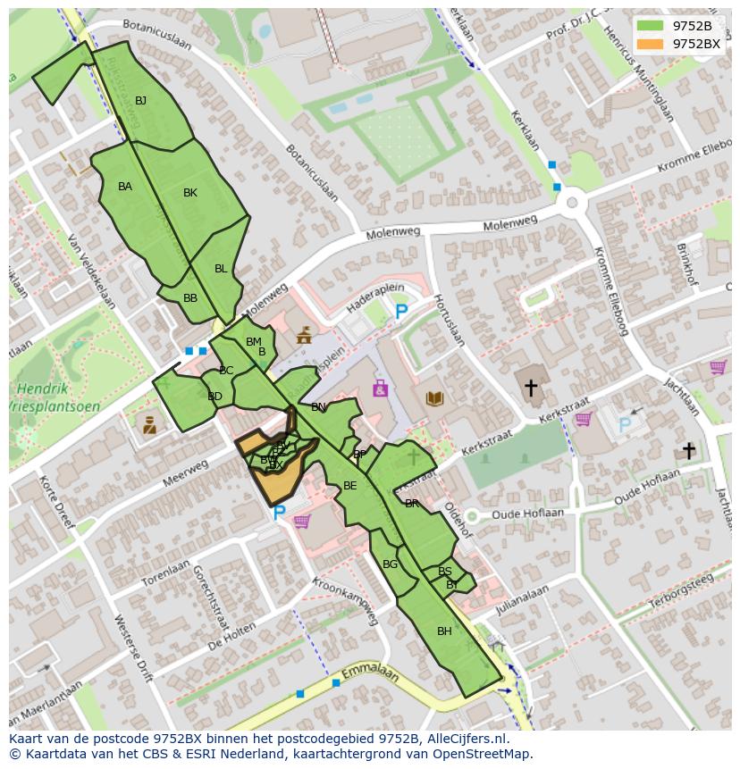 Afbeelding van het postcodegebied 9752 BX op de kaart.