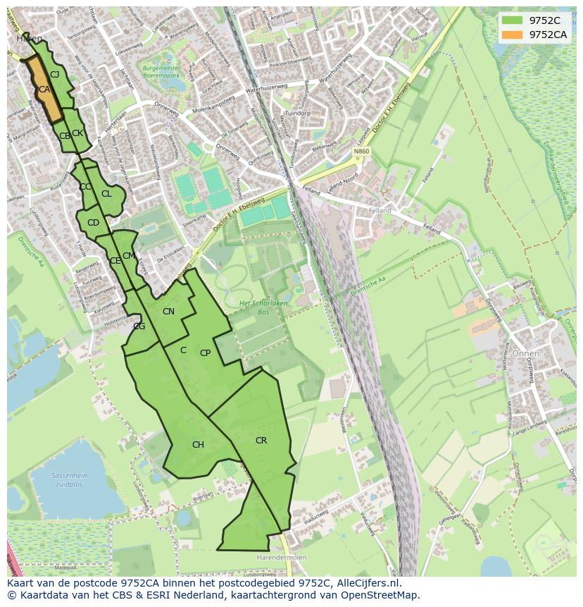 Afbeelding van het postcodegebied 9752 CA op de kaart.