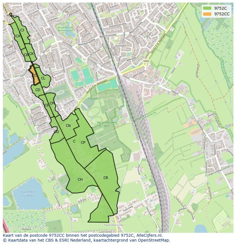Afbeelding van het postcodegebied 9752 CC op de kaart.