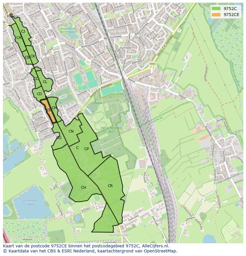 Afbeelding van het postcodegebied 9752 CE op de kaart.