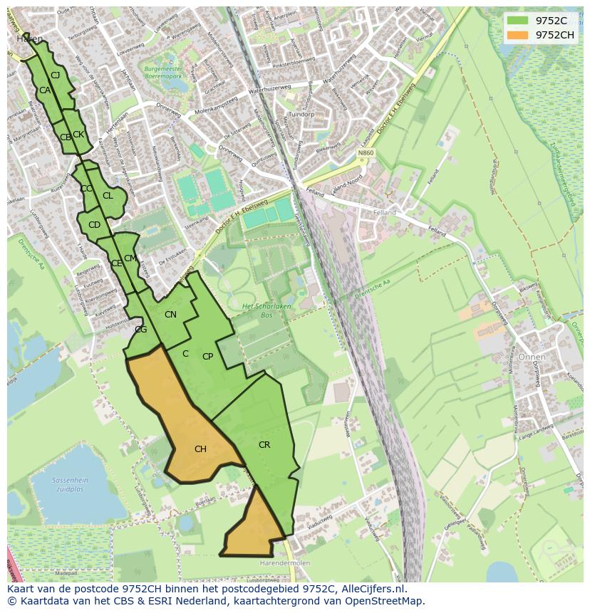 Afbeelding van het postcodegebied 9752 CH op de kaart.