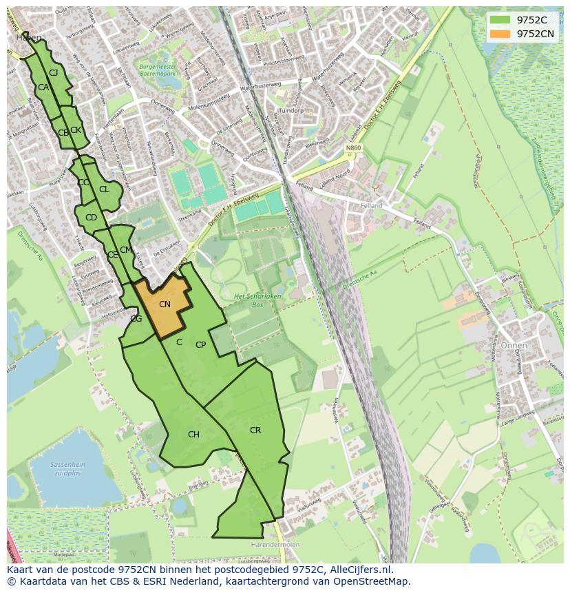 Afbeelding van het postcodegebied 9752 CN op de kaart.