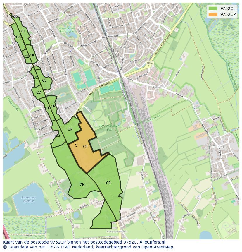 Afbeelding van het postcodegebied 9752 CP op de kaart.