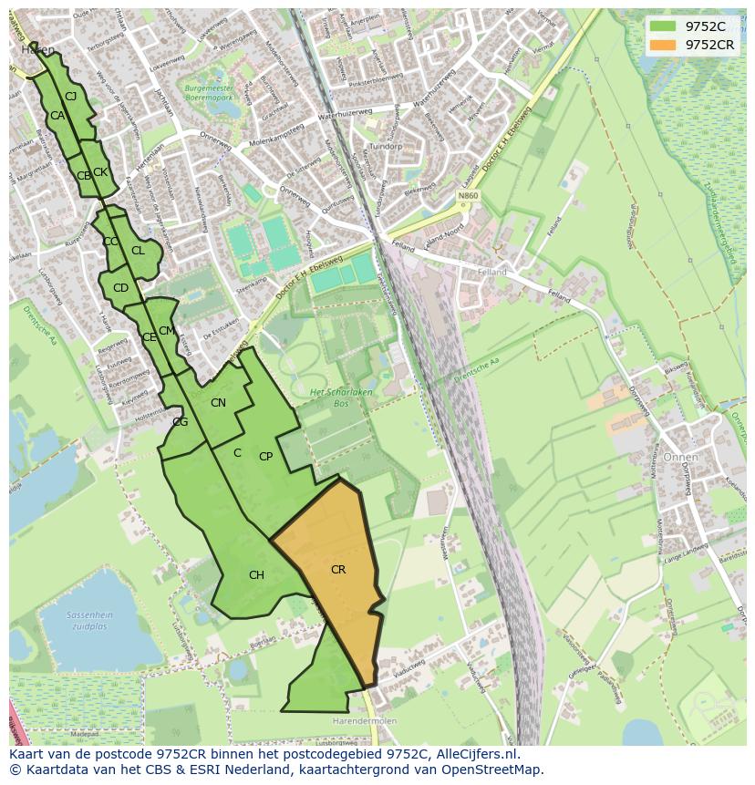 Afbeelding van het postcodegebied 9752 CR op de kaart.