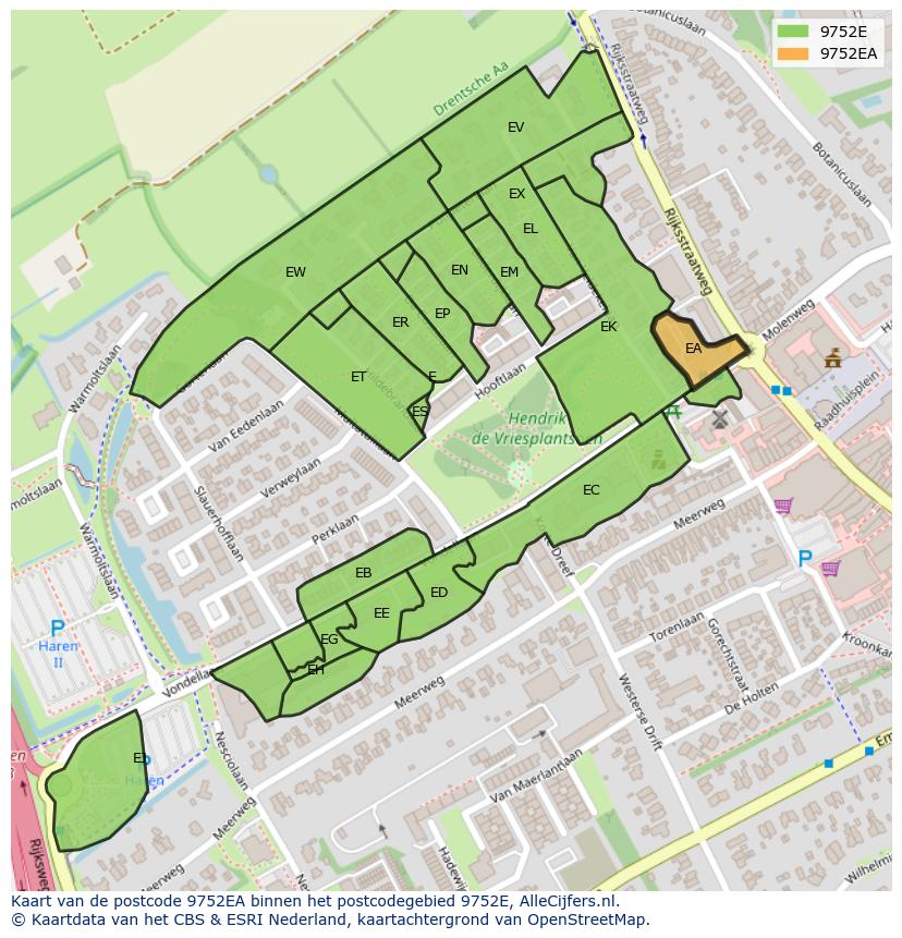 Afbeelding van het postcodegebied 9752 EA op de kaart.