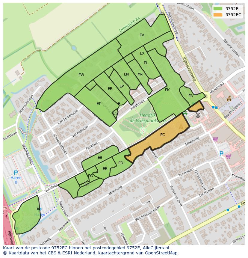 Afbeelding van het postcodegebied 9752 EC op de kaart.