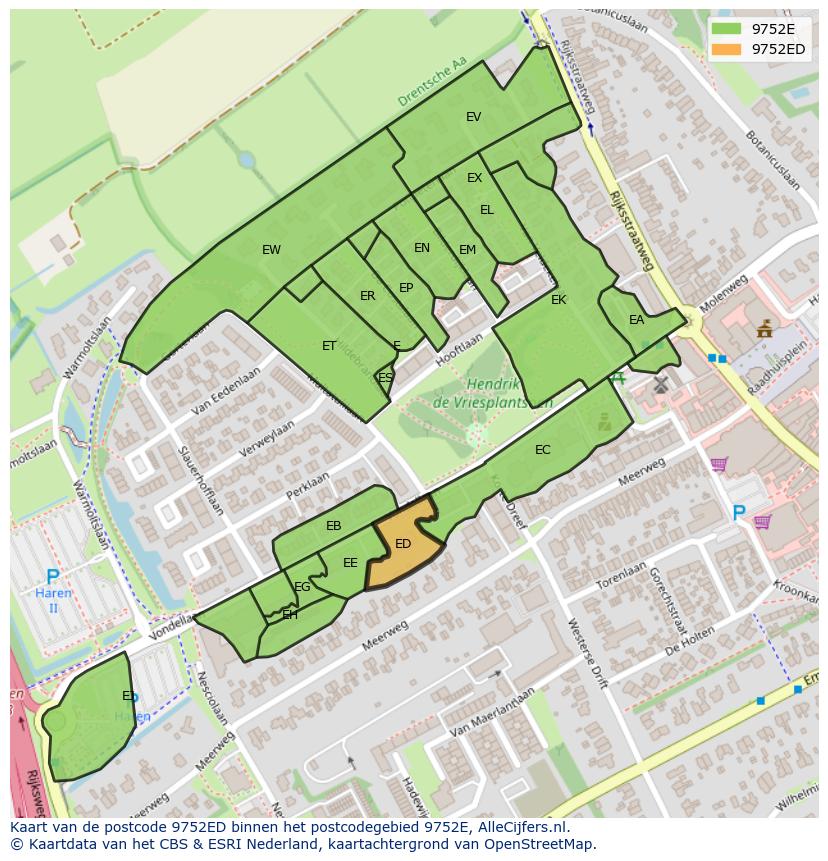 Afbeelding van het postcodegebied 9752 ED op de kaart.
