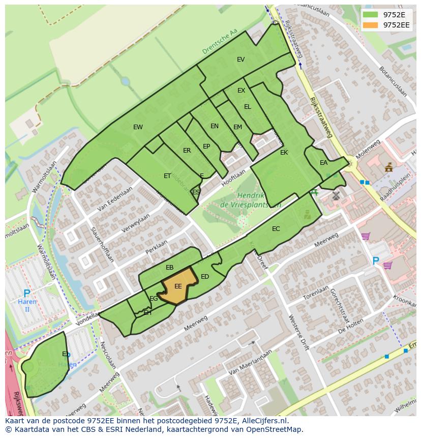 Afbeelding van het postcodegebied 9752 EE op de kaart.