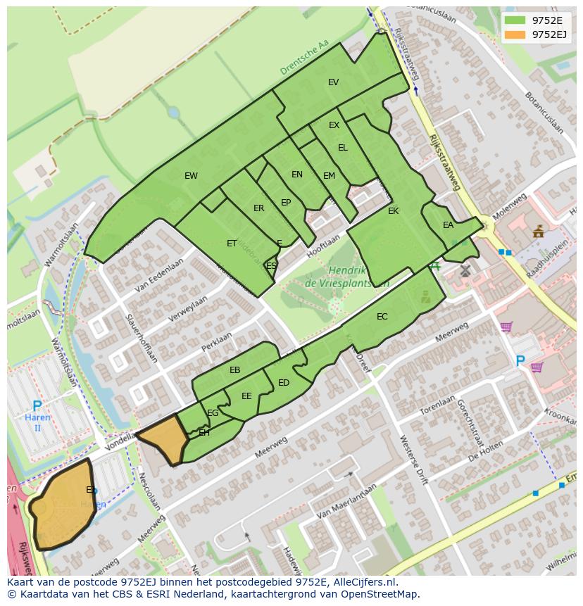 Afbeelding van het postcodegebied 9752 EJ op de kaart.