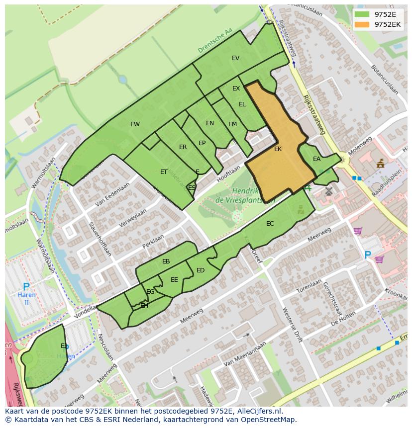 Afbeelding van het postcodegebied 9752 EK op de kaart.
