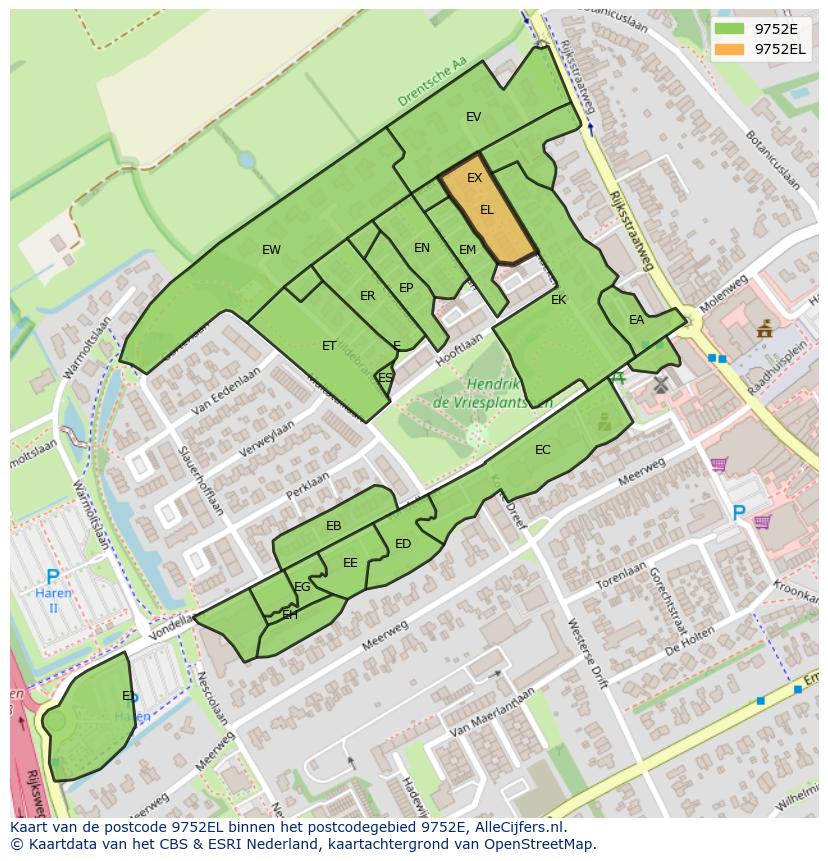 Afbeelding van het postcodegebied 9752 EL op de kaart.