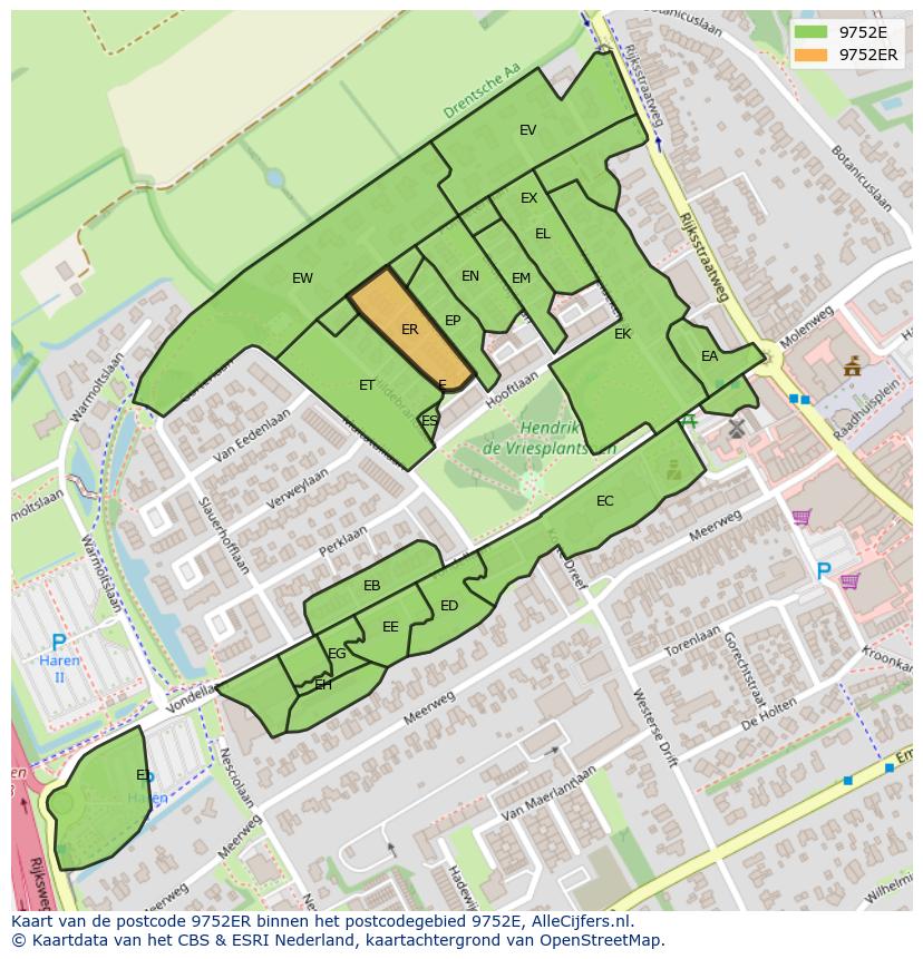 Afbeelding van het postcodegebied 9752 ER op de kaart.