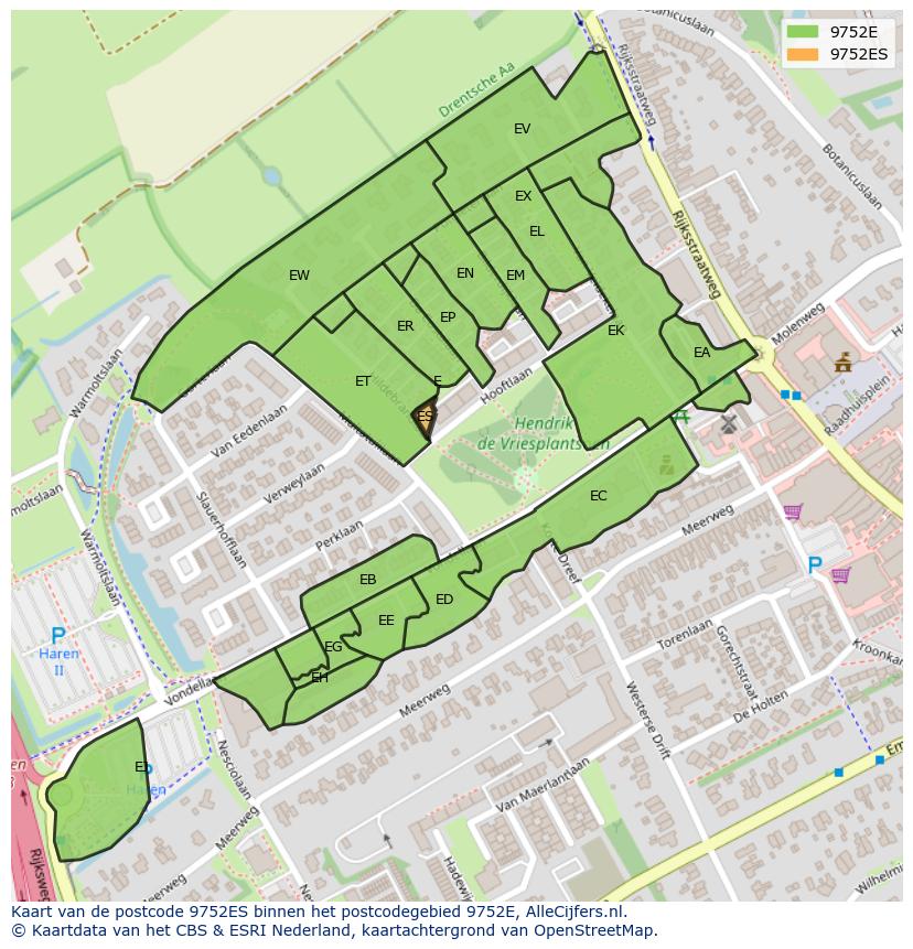 Afbeelding van het postcodegebied 9752 ES op de kaart.