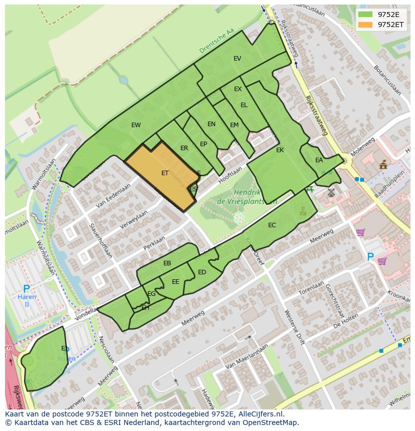Afbeelding van het postcodegebied 9752 ET op de kaart.