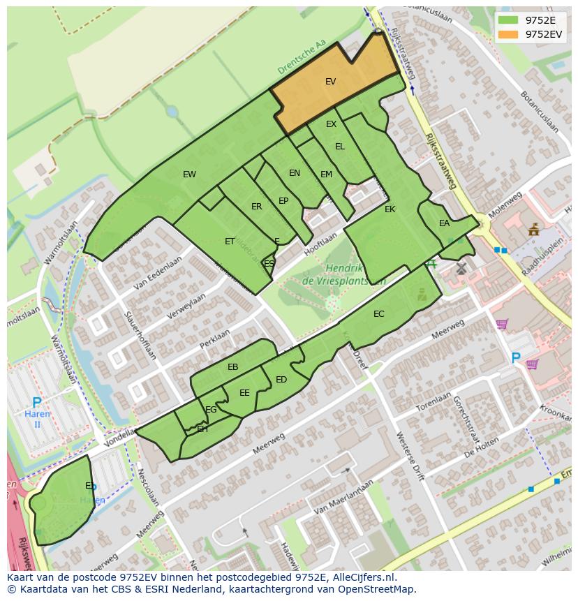 Afbeelding van het postcodegebied 9752 EV op de kaart.