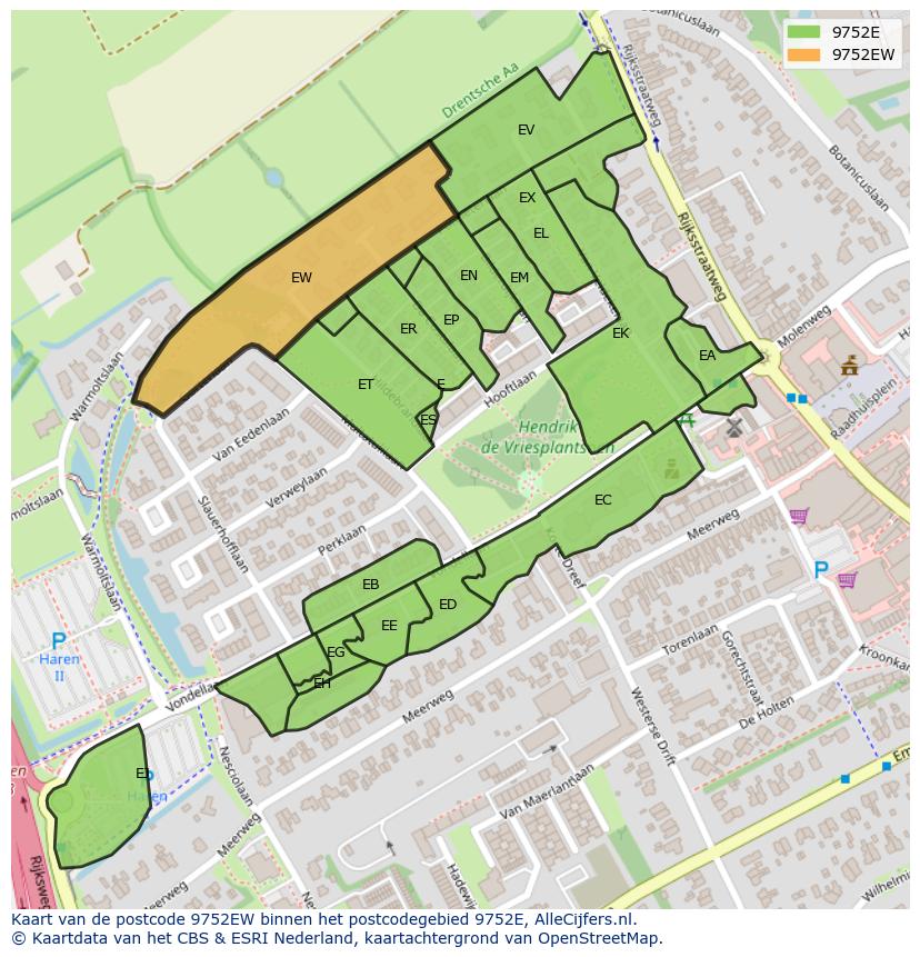 Afbeelding van het postcodegebied 9752 EW op de kaart.