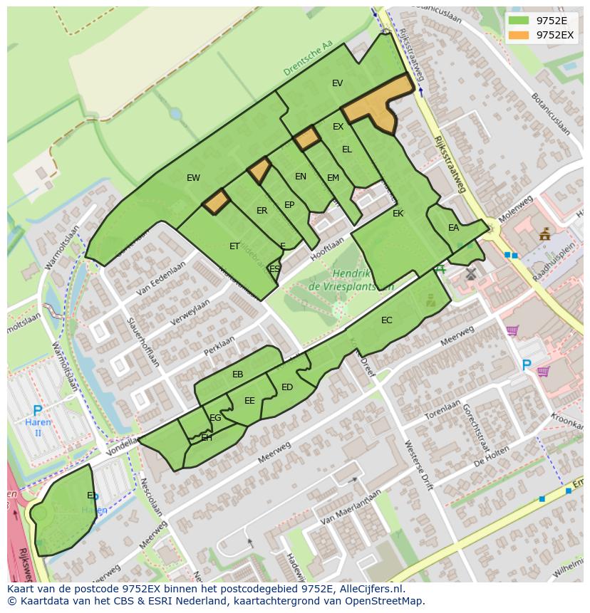 Afbeelding van het postcodegebied 9752 EX op de kaart.