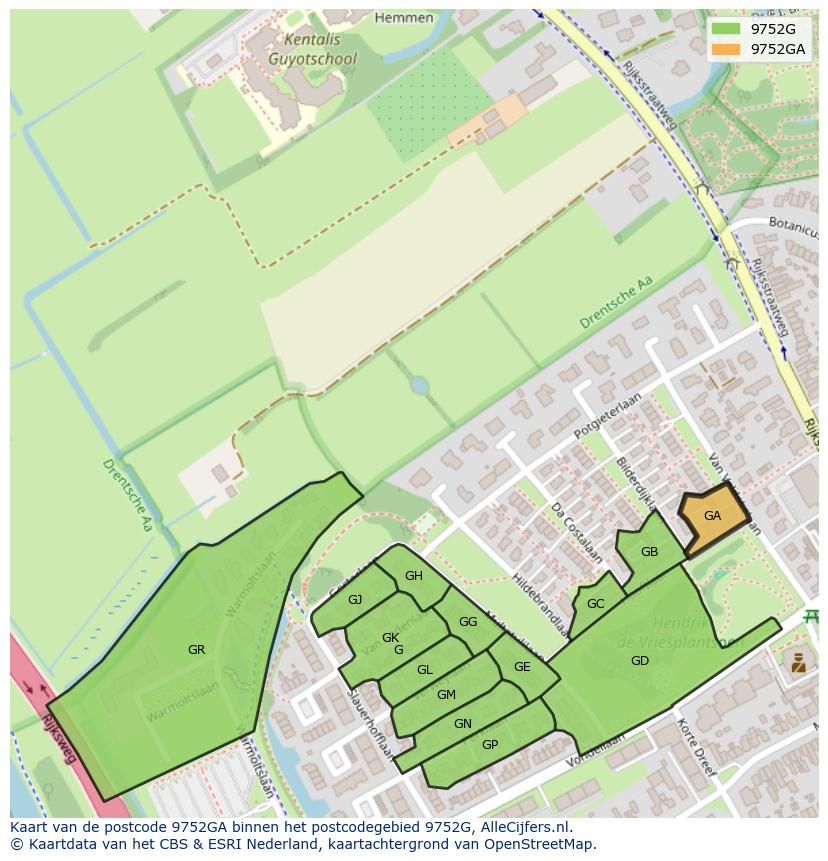 Afbeelding van het postcodegebied 9752 GA op de kaart.