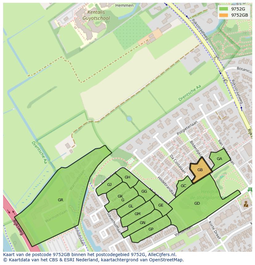 Afbeelding van het postcodegebied 9752 GB op de kaart.