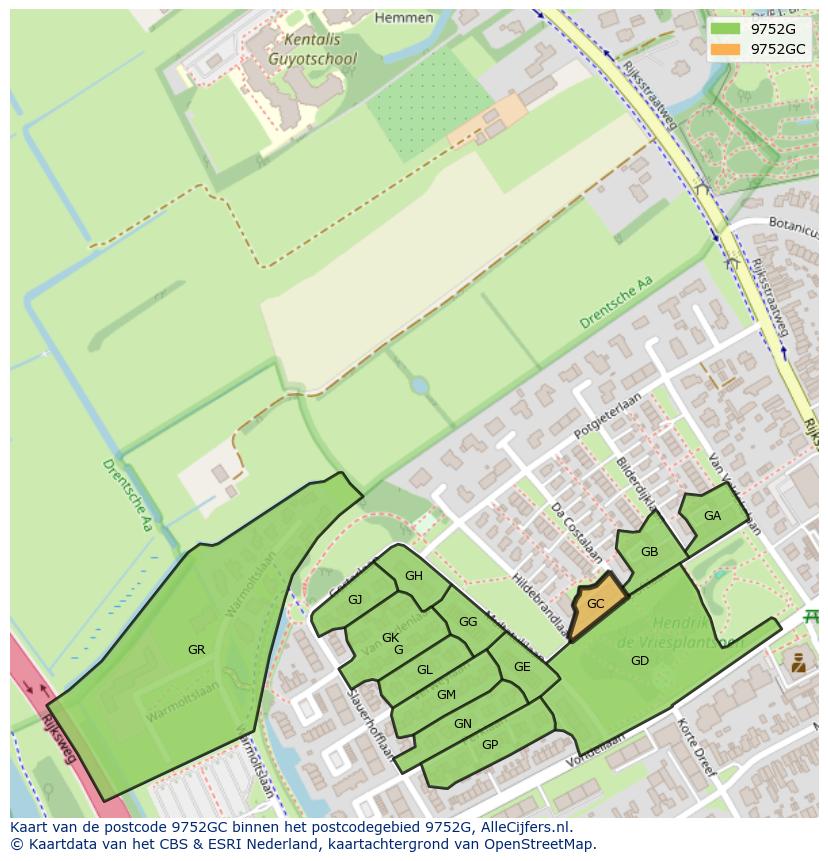 Afbeelding van het postcodegebied 9752 GC op de kaart.