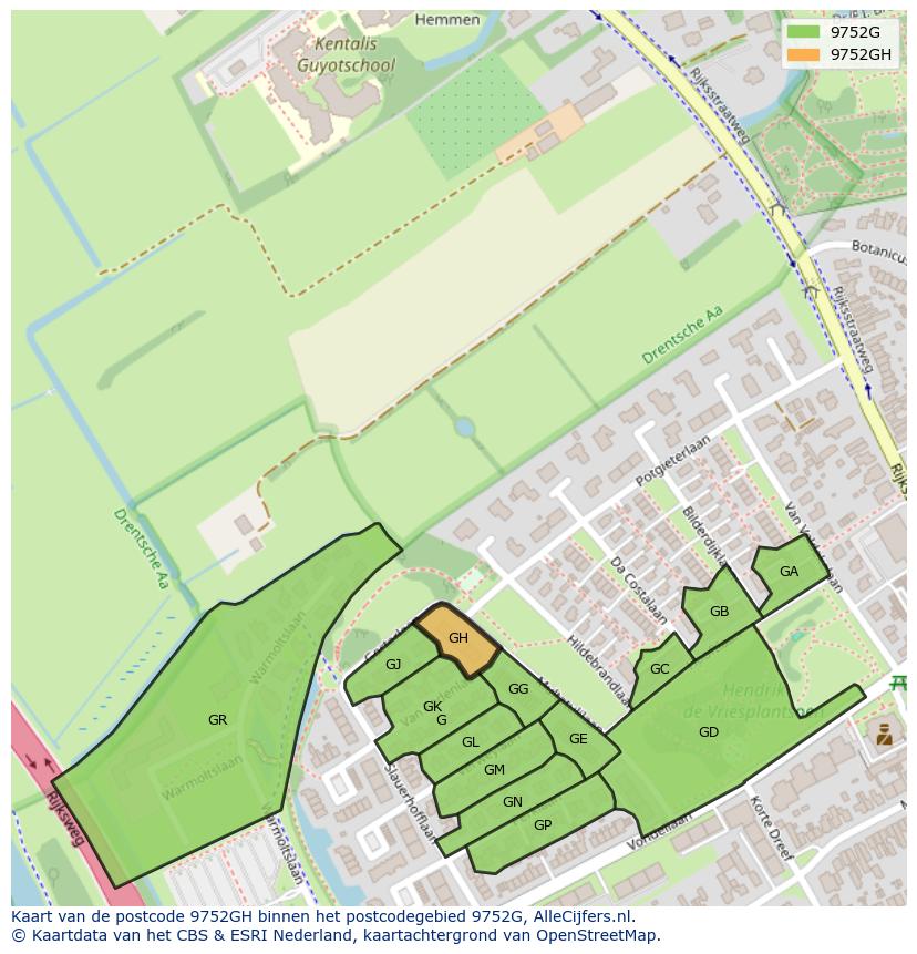 Afbeelding van het postcodegebied 9752 GH op de kaart.