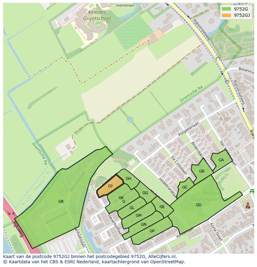 Afbeelding van het postcodegebied 9752 GJ op de kaart.