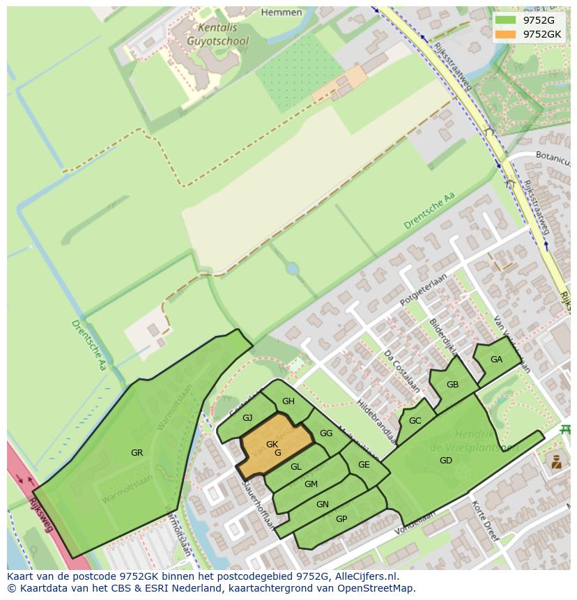 Afbeelding van het postcodegebied 9752 GK op de kaart.