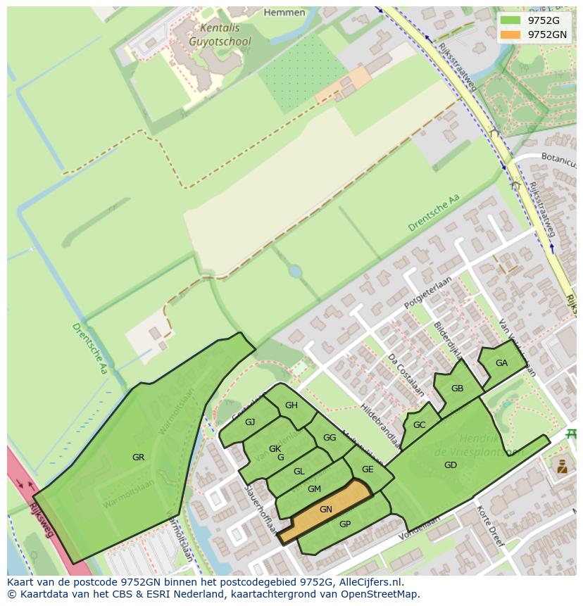Afbeelding van het postcodegebied 9752 GN op de kaart.
