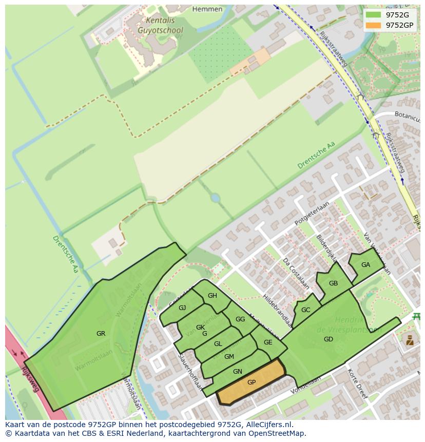 Afbeelding van het postcodegebied 9752 GP op de kaart.