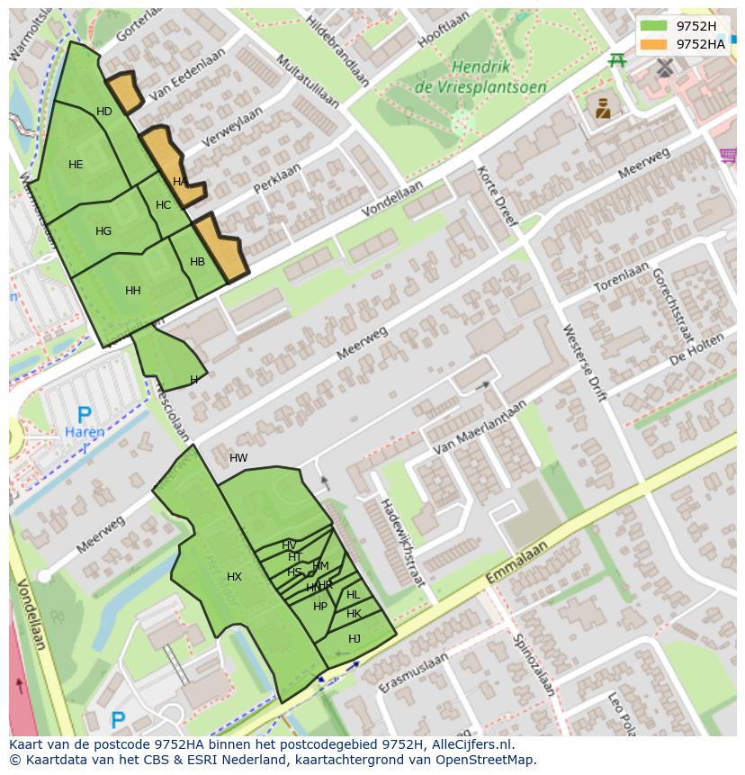 Afbeelding van het postcodegebied 9752 HA op de kaart.