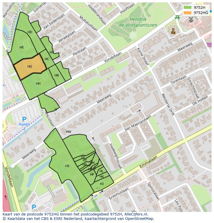 Afbeelding van het postcodegebied 9752 HG op de kaart.
