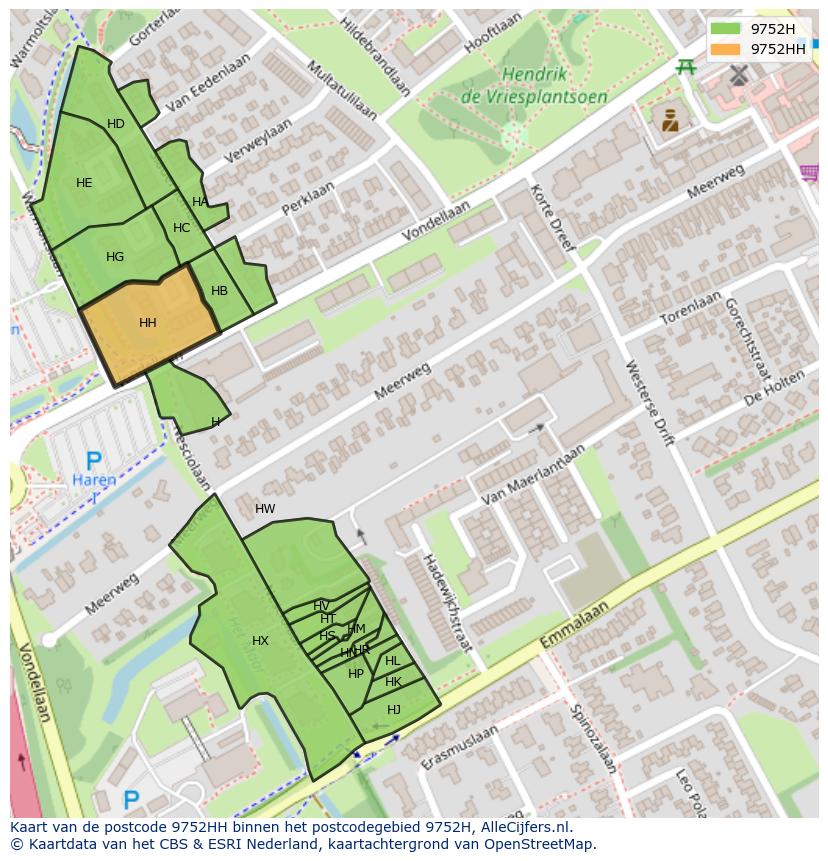 Afbeelding van het postcodegebied 9752 HH op de kaart.