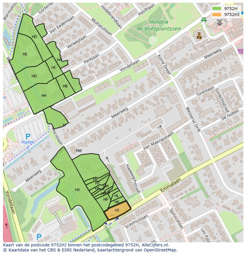 Afbeelding van het postcodegebied 9752 HJ op de kaart.