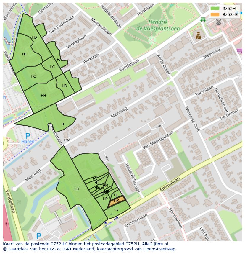 Afbeelding van het postcodegebied 9752 HK op de kaart.