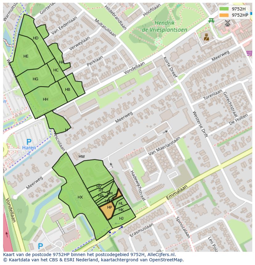 Afbeelding van het postcodegebied 9752 HP op de kaart.
